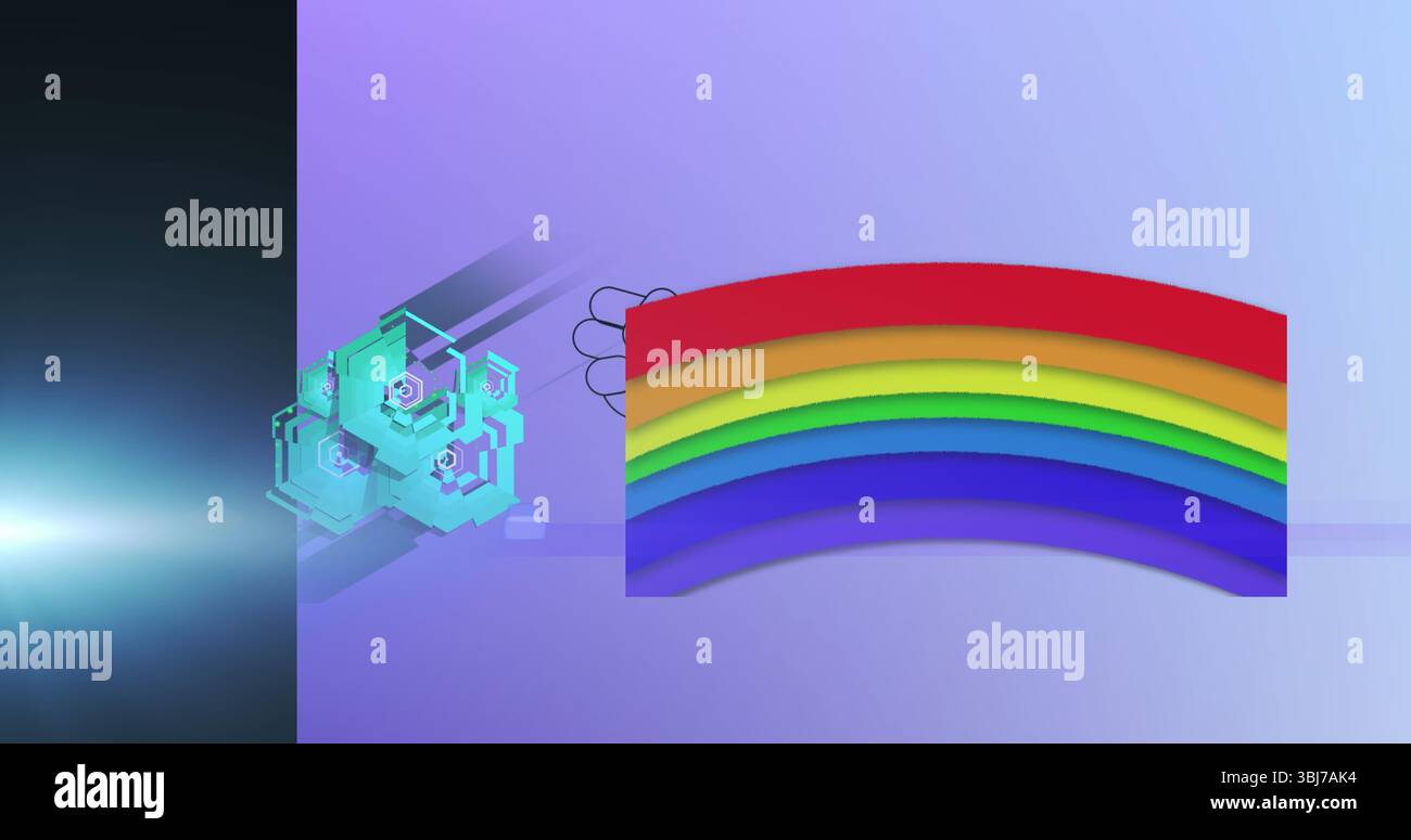 Merging panel and flare in computer generated scene, with 3D cluster and rainbow arch, copy space Stock Photo