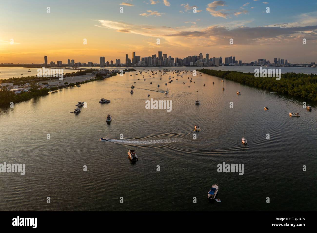 Miami, Florida. Biscayne Bay harbor with many yachts and motor boats ...