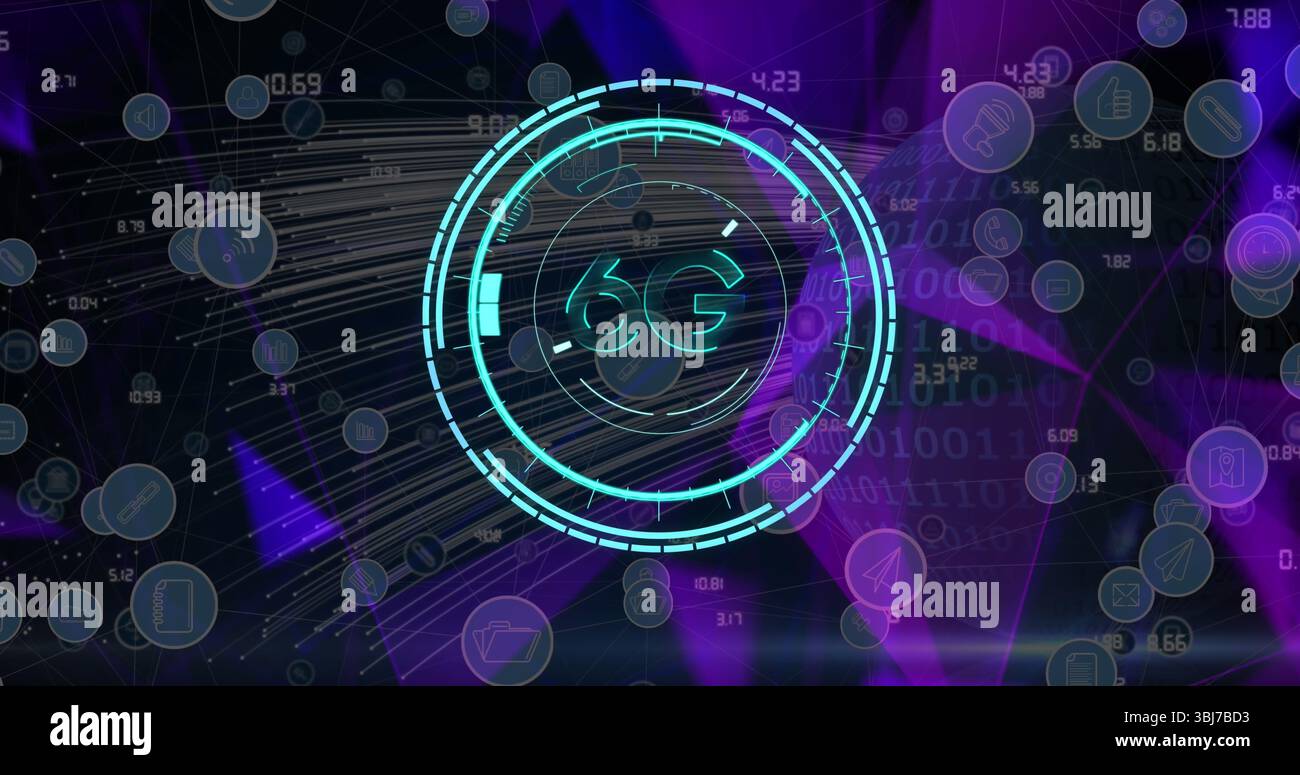 Displaying glowing 6G interface panel in digital network, with network lines and technology icons Stock Photo