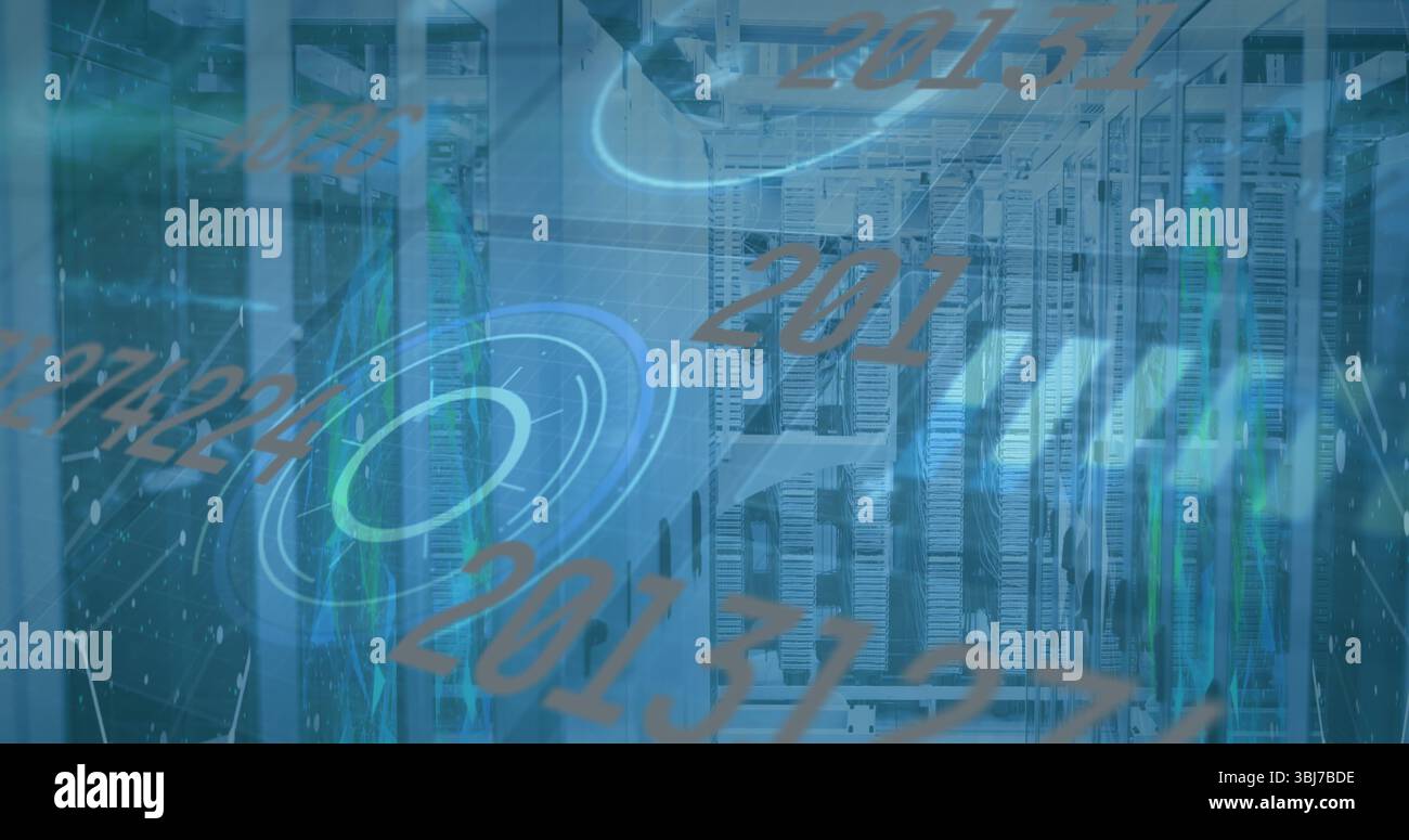 Displaying server racks showing holographic numeric overlays in data ...