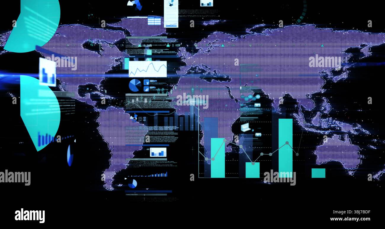 Displaying data charts world map - Displaying World Map In Purple On Dashboard With Floating Bar Charts And Line Graphs 3BJ7BDF
