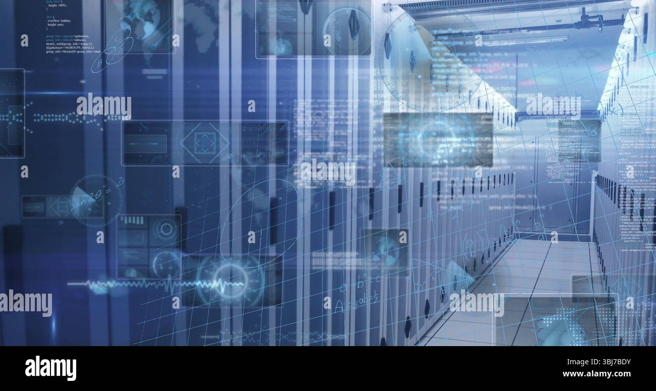 Displaying server rack aisle in data center corridor, with status LEDs ...