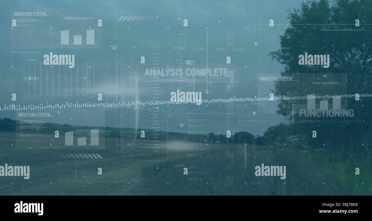 Displaying digital analytic overlay over countryside field beneath cloudy sky, featuring data grids Stock Photo