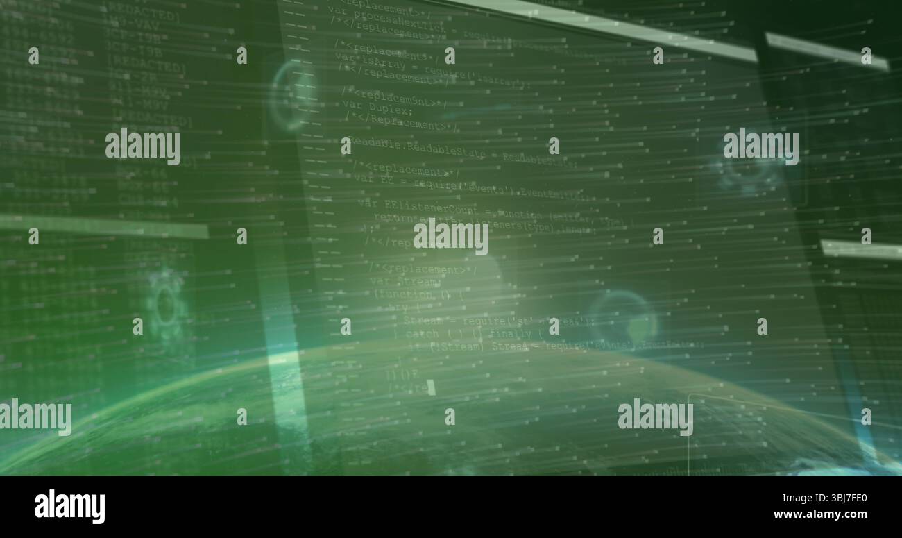Displaying holographic code panels streaming data at digital console, with planetary horizon Stock Photo