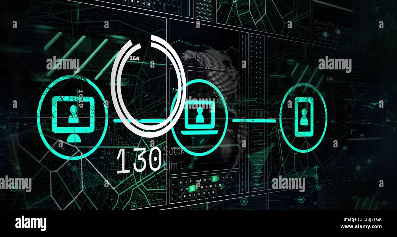 Displaying desktop, laptop, smartphone icons syncing data on UI, with circular progress bar Stock Photo