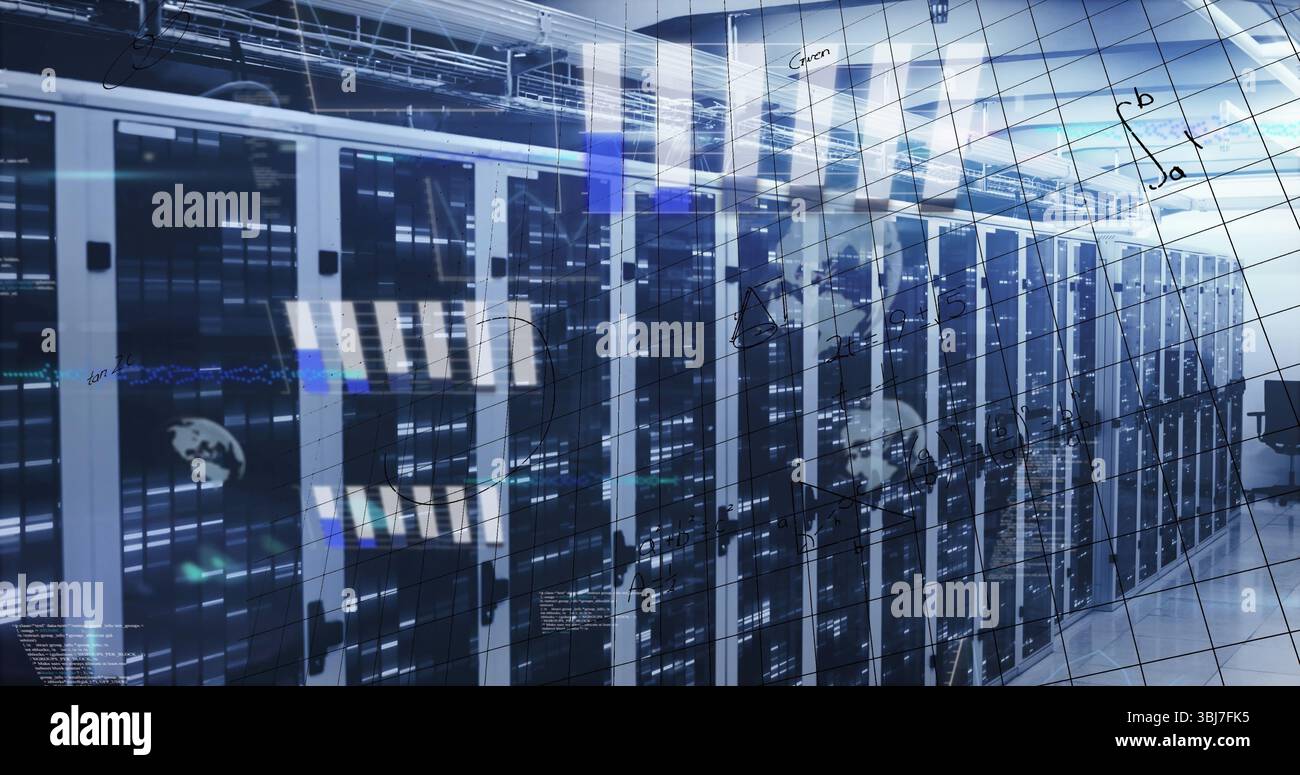 Displaying server racks with blinking LED lights, glass partition ...