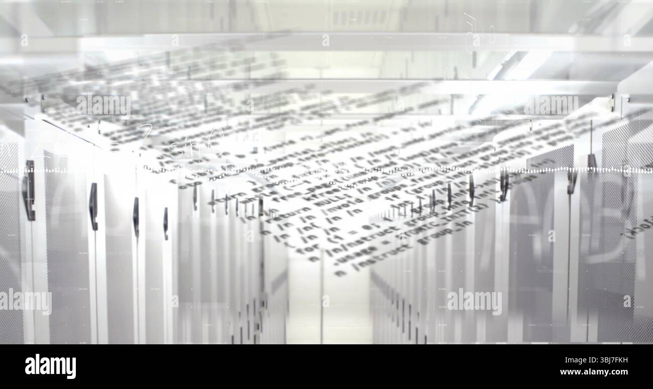 Shining rows of white server cabinets lining data center corridor, with LED lights, code overlay Stock Photo
