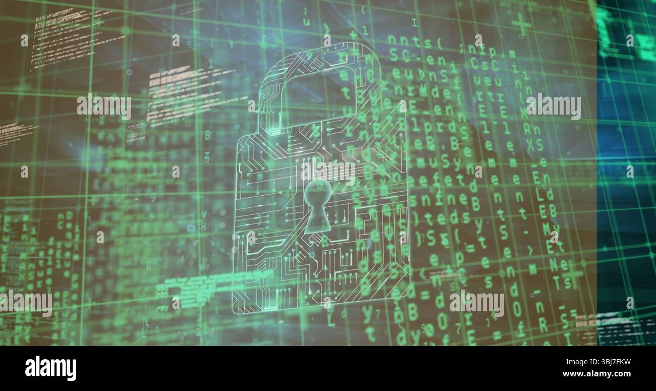 Displaying padlock icon floating over alphanumeric code and grid lines in computer interface Stock Photo