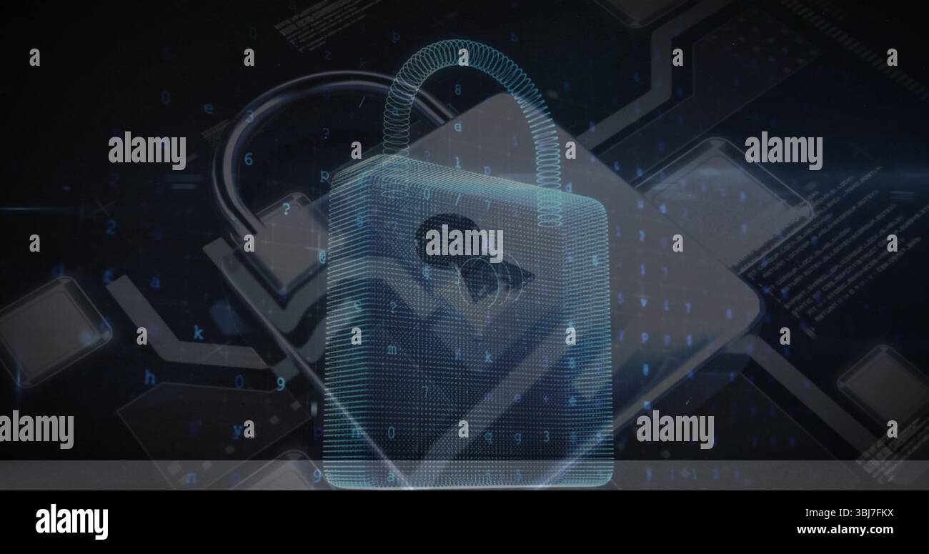 Glowing central holographic padlock icon projecting cybersecurity interface, with binary streams Stock Photo