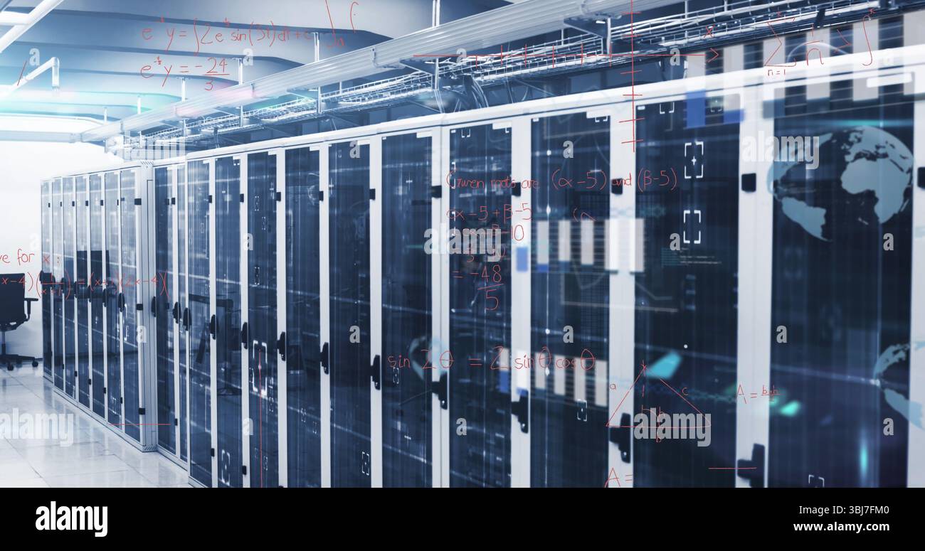 Standing tower server racks lining server room corridor, with overhead cable trays, digital overlay Stock Photo