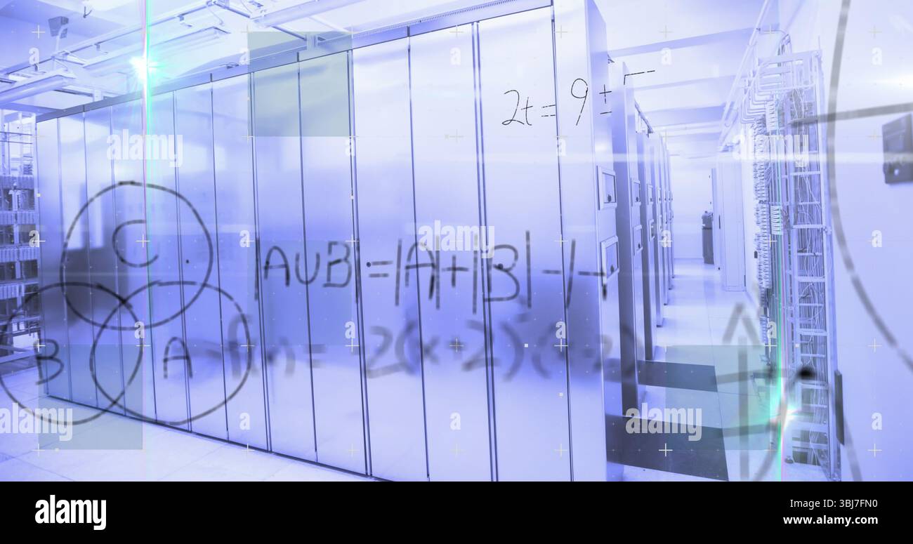 Showing server cabinets displaying network cables in data center hall, glass board math formulas Stock Photo