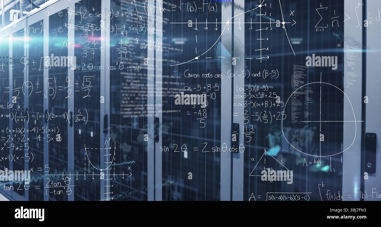 Displaying racks behind glass doors in data center, with blinking LEDs, code lines, math overlays Stock Photo