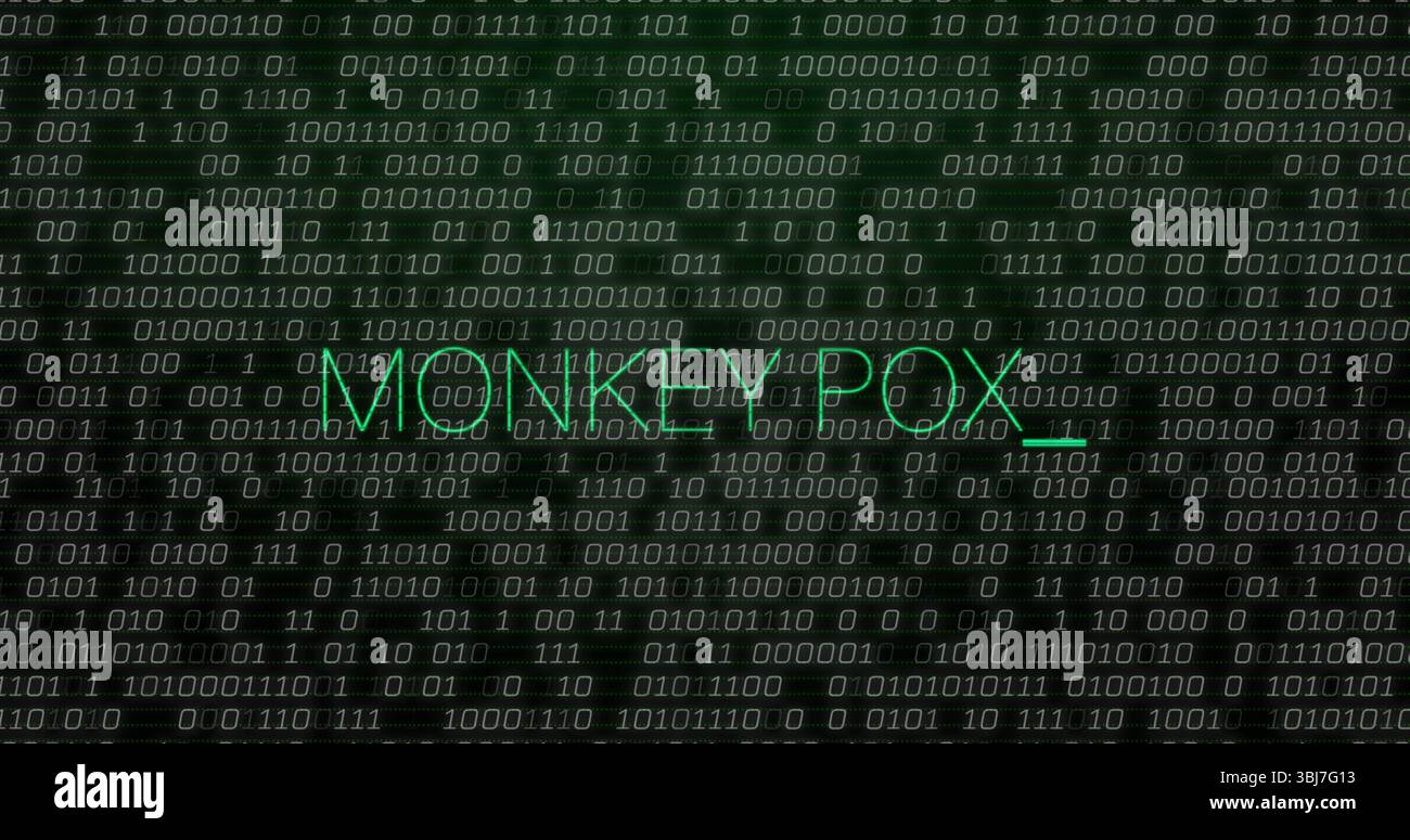 Displaying bright green MONKEYPOX text glowing over simulated digital screen, with binary code Stock Photo