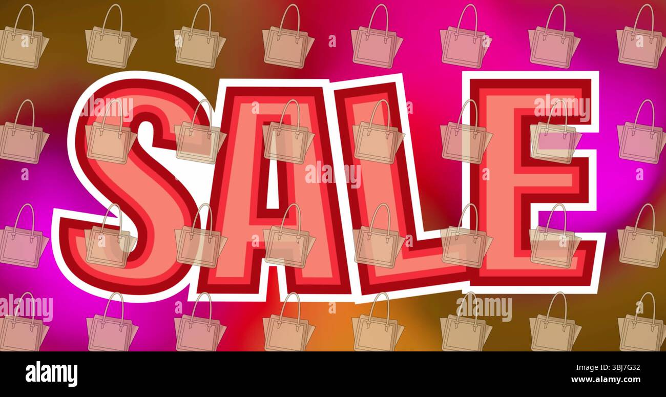 Featuring red SALE text standing out in gradient background, with repeating beige handbag icons Stock Photo