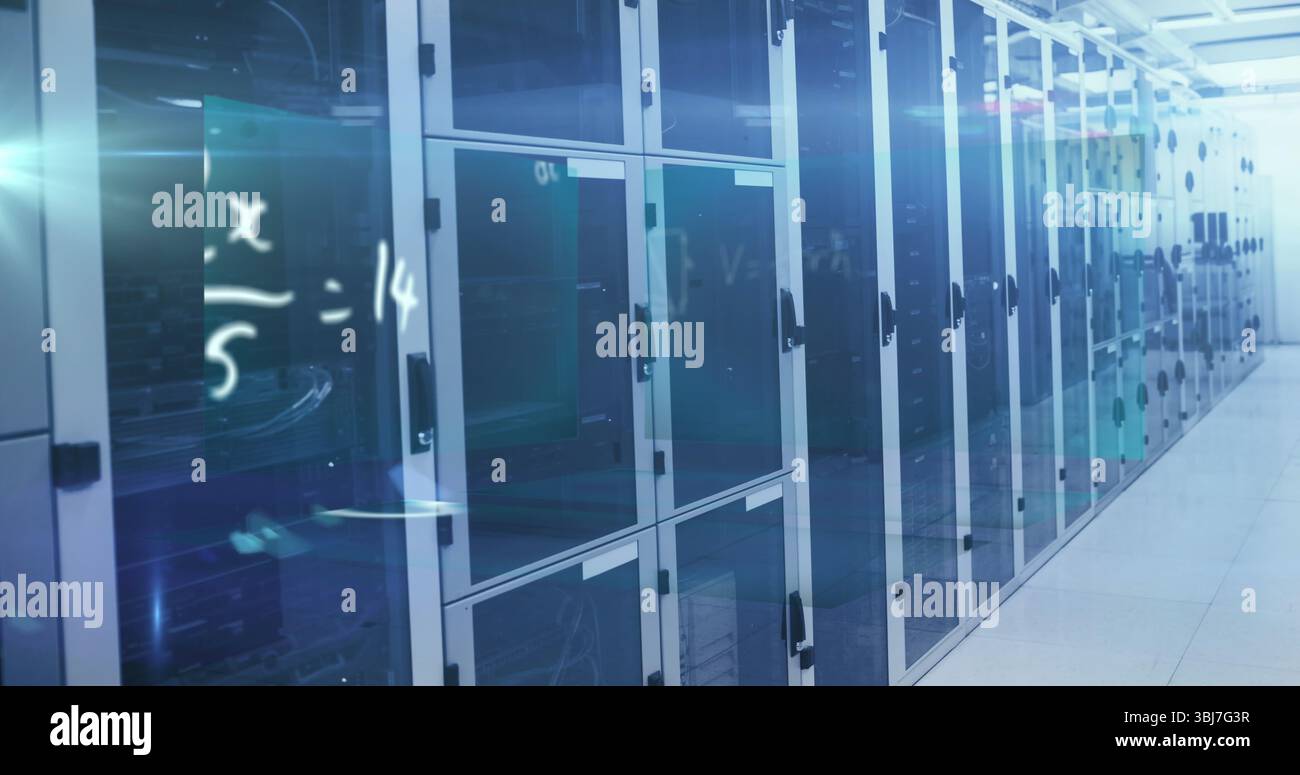 Glowing server cabinets showing racks and patch panels in data center, with LED indicator lights Stock Photo
