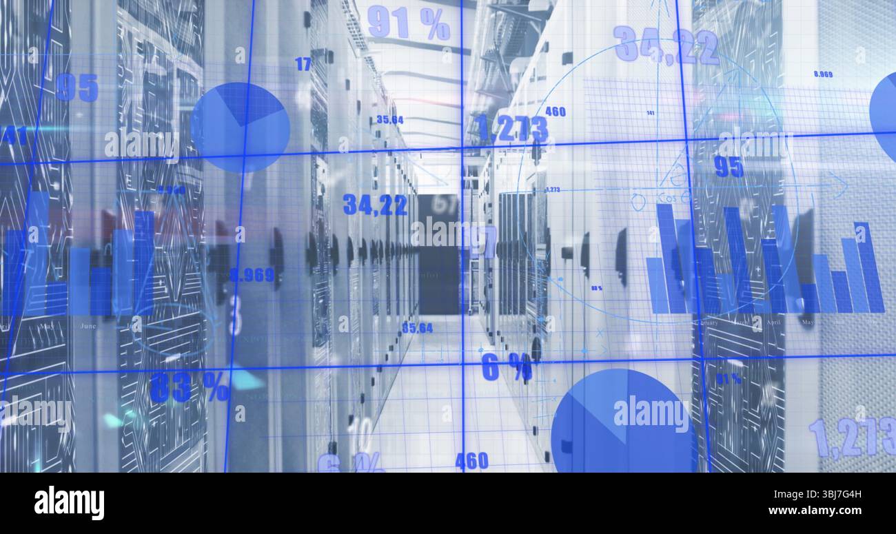 Displaying server racks projecting data analytics overlays in server room, network switches Stock Photo