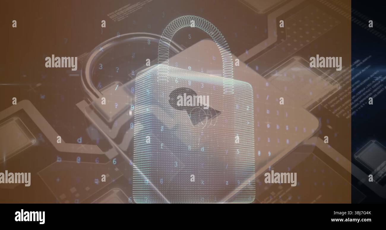 Displaying 3D padlock revealing brain silhouette on circuit board paths with floating code elements Stock Photo