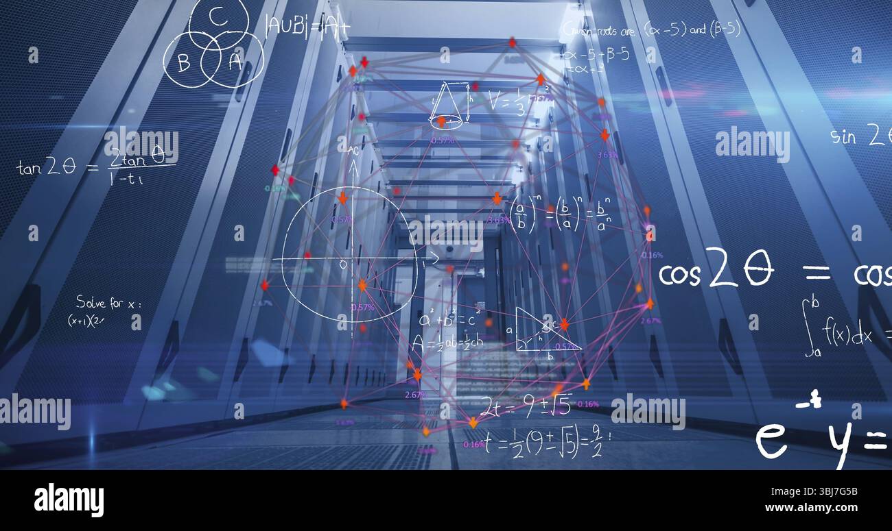 Displaying 3D network graph with orange nodes and floating formulas in corridor under blue lighting Stock Photo