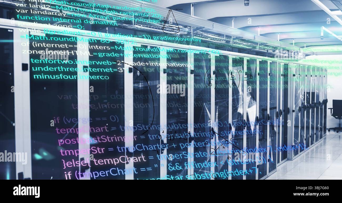Displaying server racks glowing with LED lights in data center aisle, holographic code overlay Stock Photo