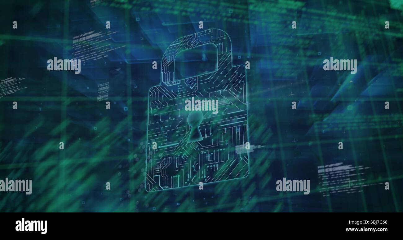 Showing stylized circuit-board padlock icon floating in digital interface, with green code streams Stock Photo