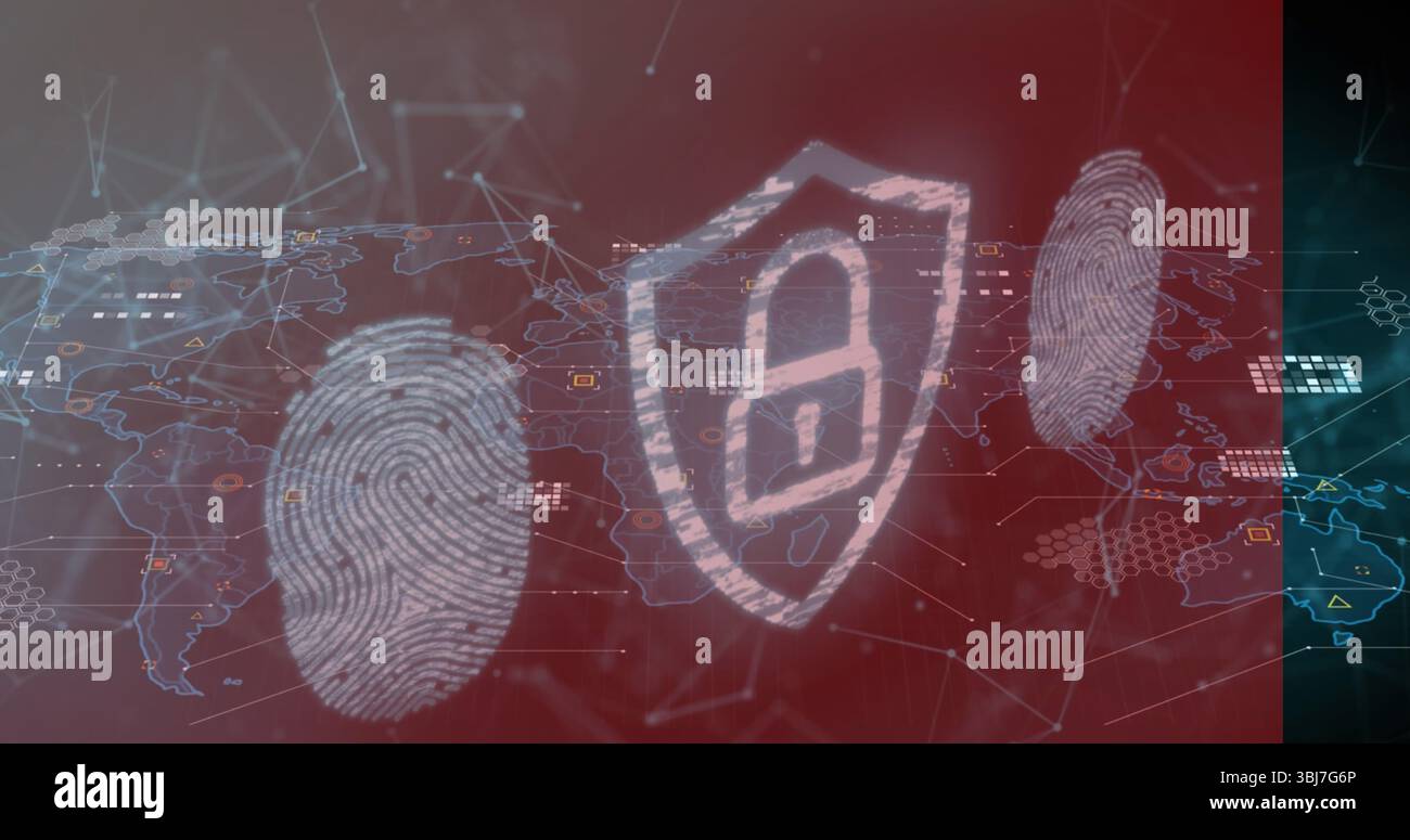 Displaying shield icon with padlock overlaying network map, with fingerprint scans Stock Photo