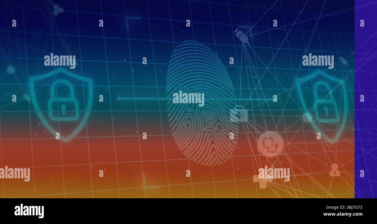 Connecting central fingerprint icon securing virtual grid environment, with shield padlock theme Stock Photo