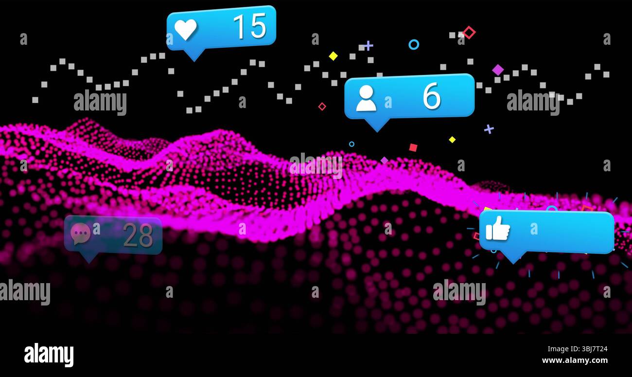 Flowing magenta data wave across void, with blue notification bubbles, particles and dotted grid Stock Photo