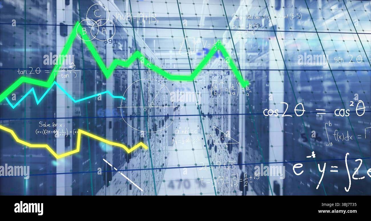 Lining server cabinets stretching corridor at data center, with line graph overlays and gridlines Stock Photo