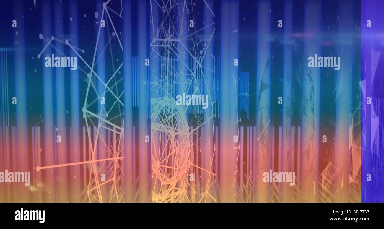 Displaying wireframe structures with vertical light bars in visualization, with points and streaks Stock Photo