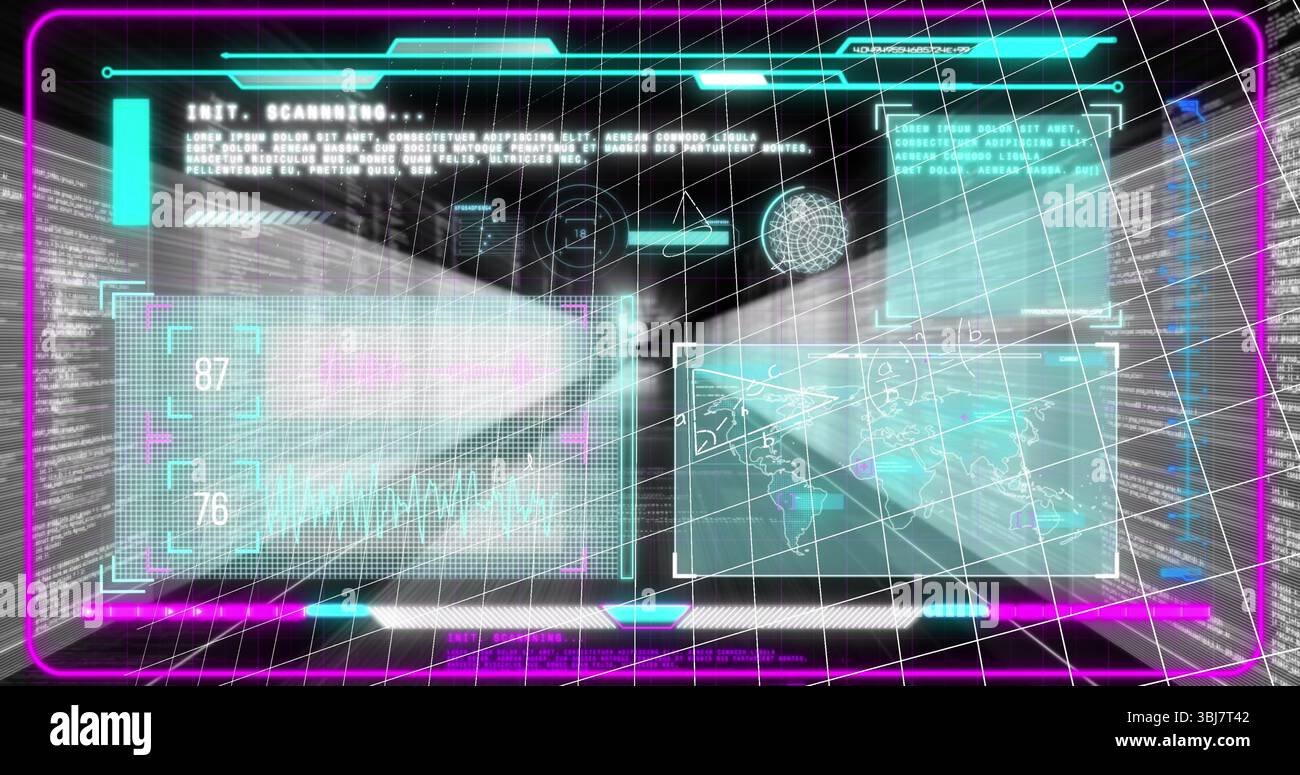 Glowing holographic panel displaying data panels and wireframe sphere in AR environment Stock Photo