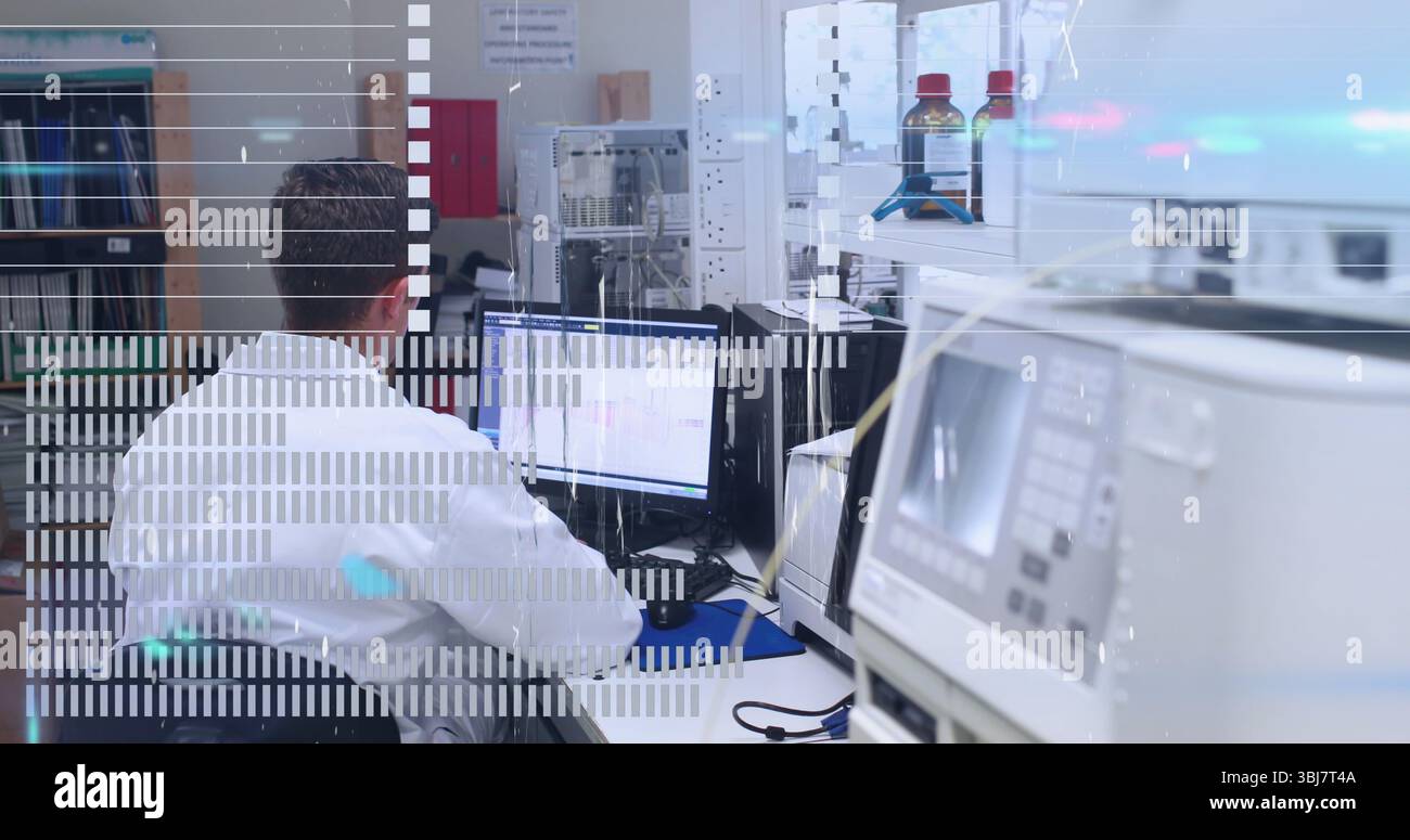 Operating lab technician wearing lab coat analyzing data on dual monitors at lab bench, copy space Stock Photo
