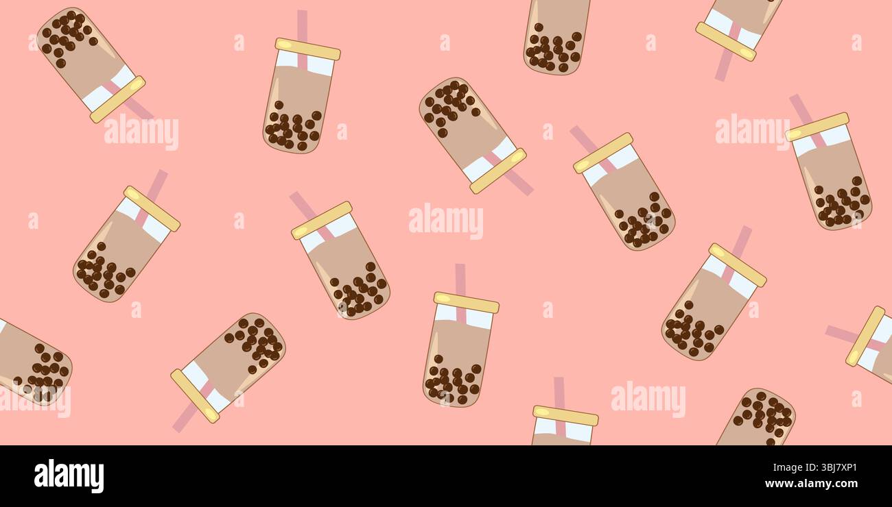 Seamless pattern with bubble tea or boba drink with pink straws on pink ...