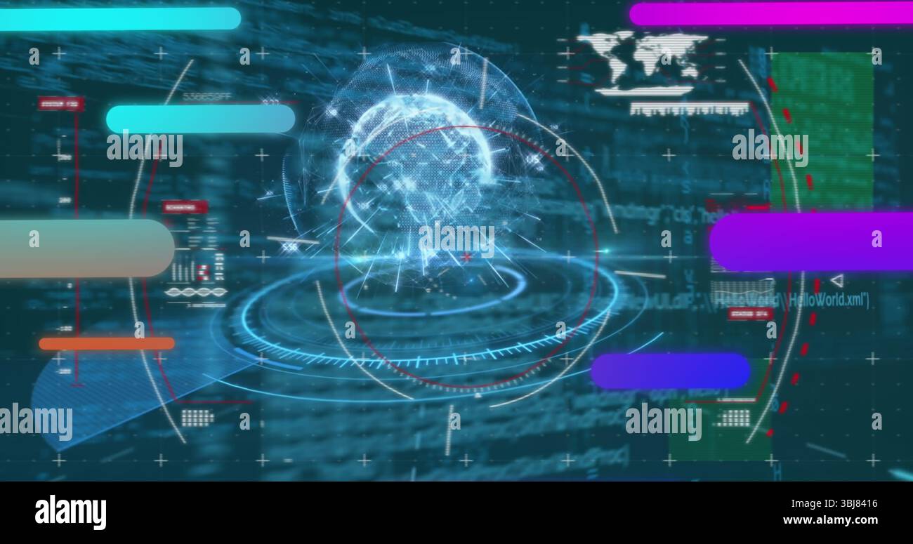 Wireframe globe rotating in control panel, with holographic rings and ...