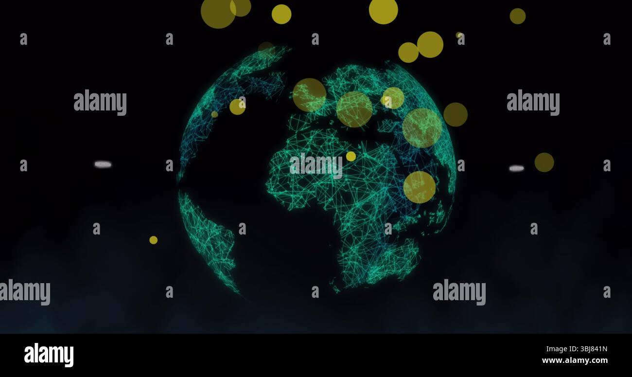 Floating wireframe globe hovering in dark virtual space, with yellow translucent data points Stock Photo