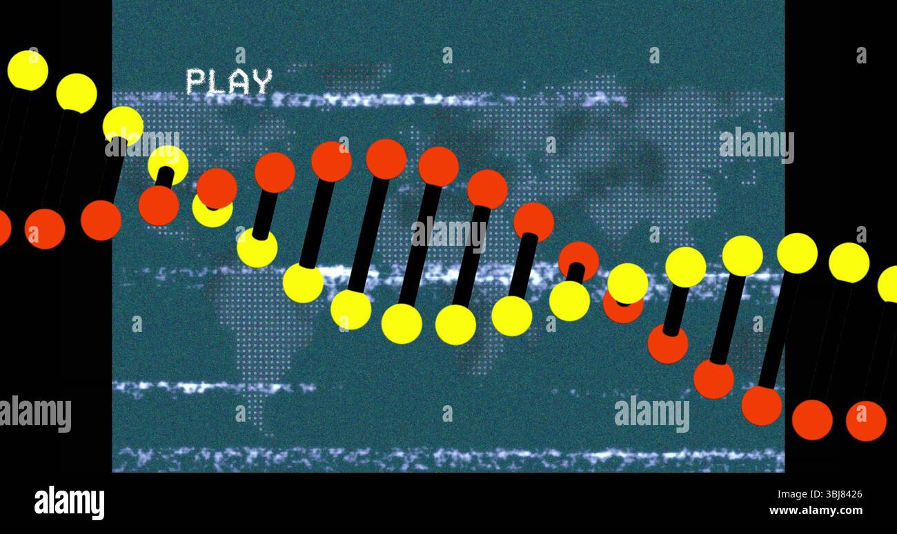 Displaying stylized DNA helix undulating across teal world map, with ...