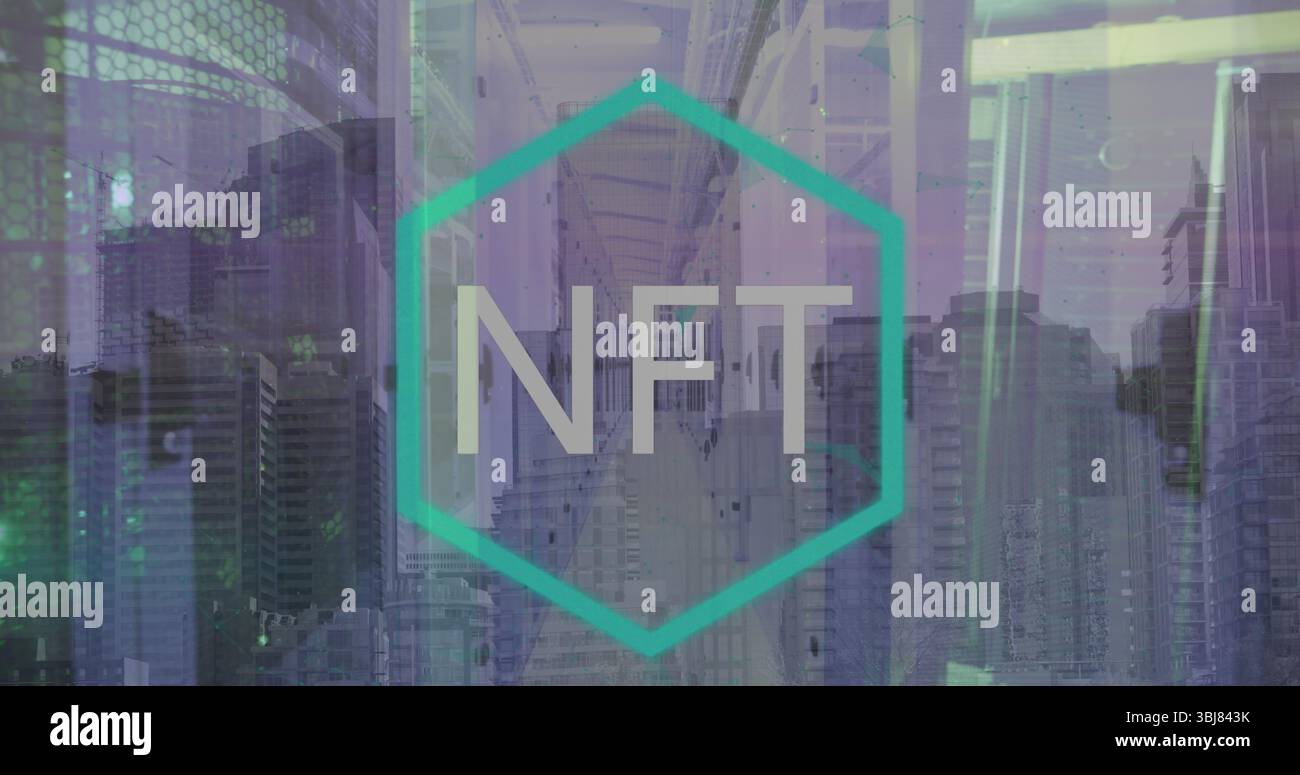 Displaying teal hexagon enclosing NFT text in corridor and skyline blend, with code patterns Stock Photo