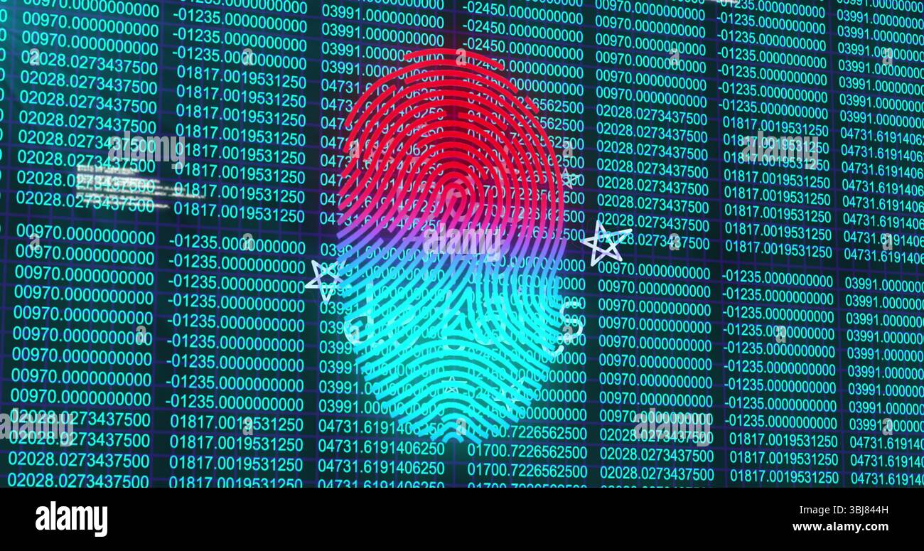 Presenting stylized fingerprint graphic on screen over data grid with white arrows showing security Stock Photo