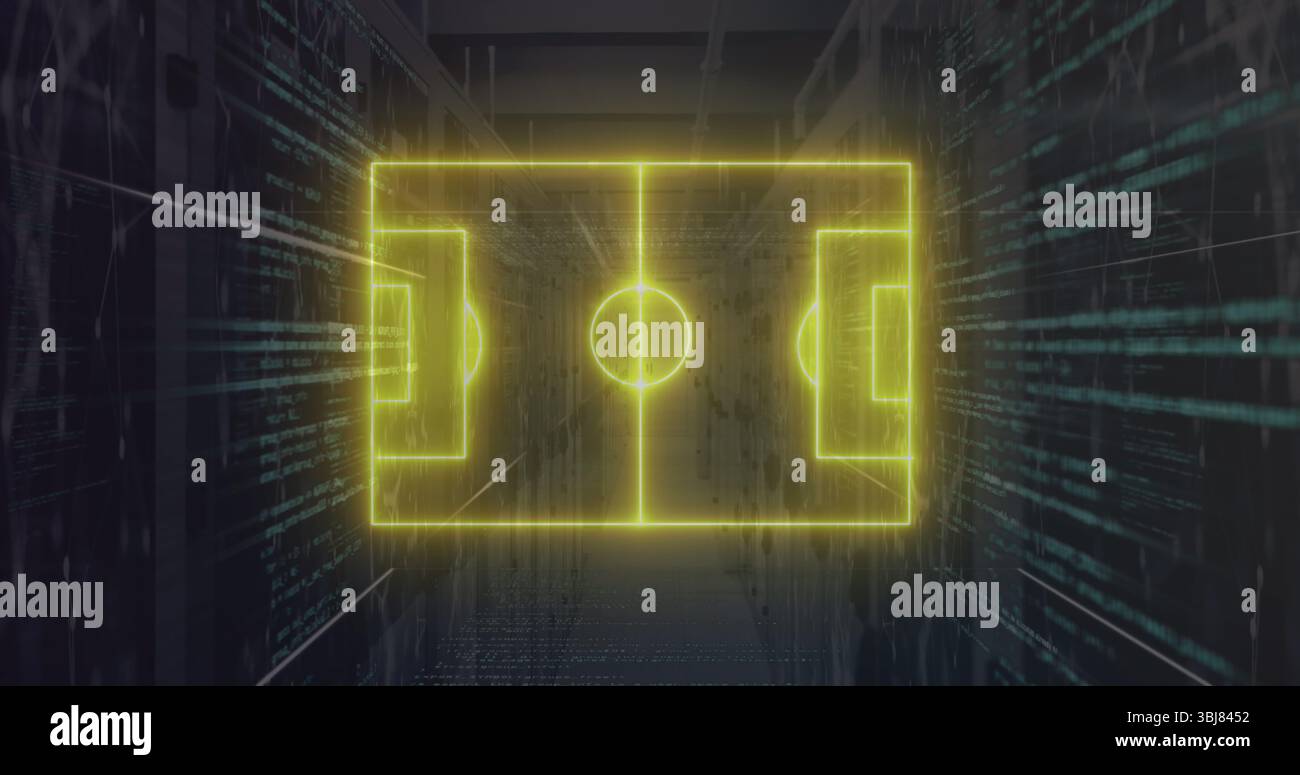 Projecting neon holographic soccer pitch floating in server corridor, with racks streaming code Stock Photo