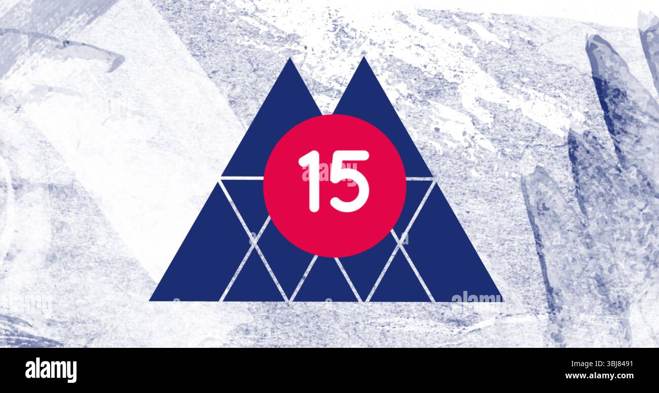 Featuring dark blue and white-outlined triangles on paint-like backdrop, with red badge showing 15 Stock Photo