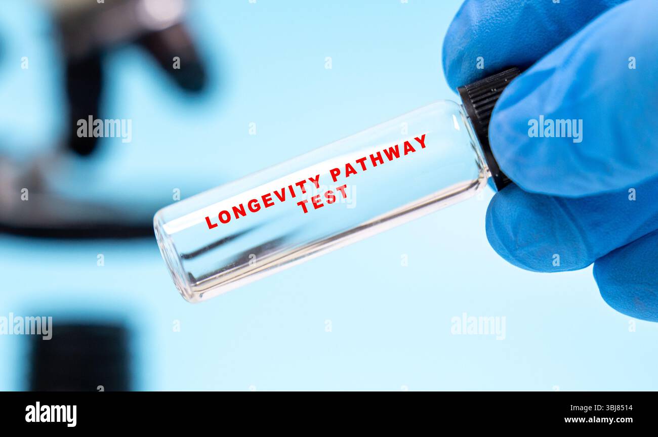 Longevity pathways saliva test. Evaluates genetic pathways influencing lifespan and health span. Stock Photo