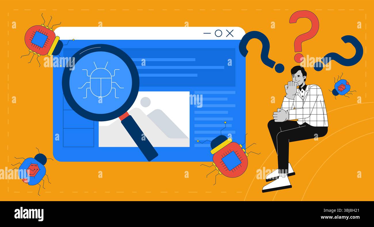 Bugs detection and debugging in web development 2D illustration concept Stock Vector