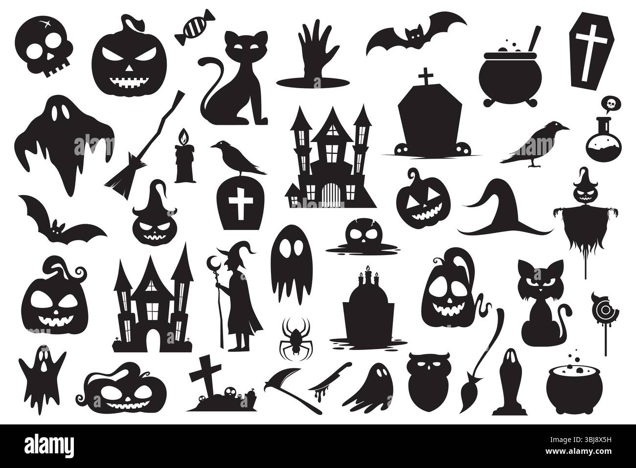 Halloween silhouette elements collection isolated on white background Stock Vector