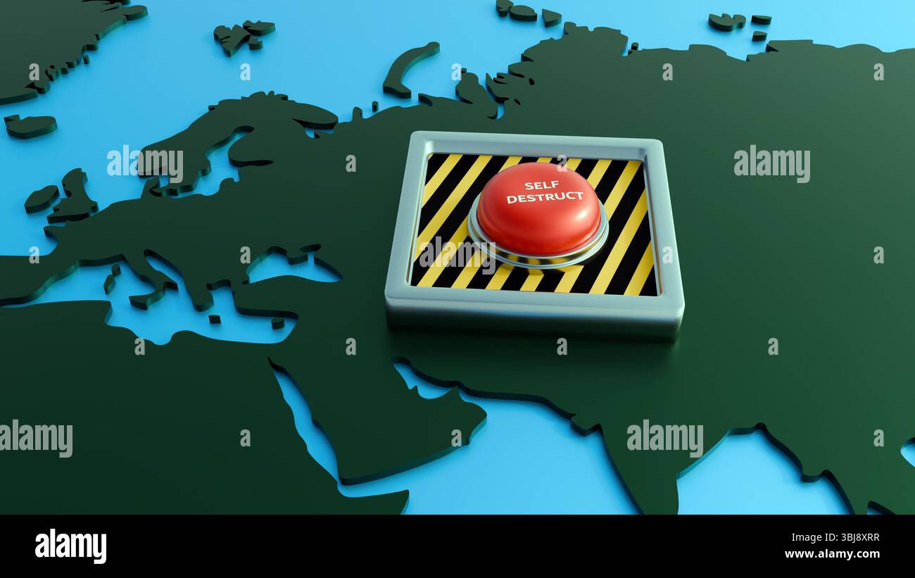 A 3d rendering of red "SELF DESTRUCT" button positioned on a stylized ...