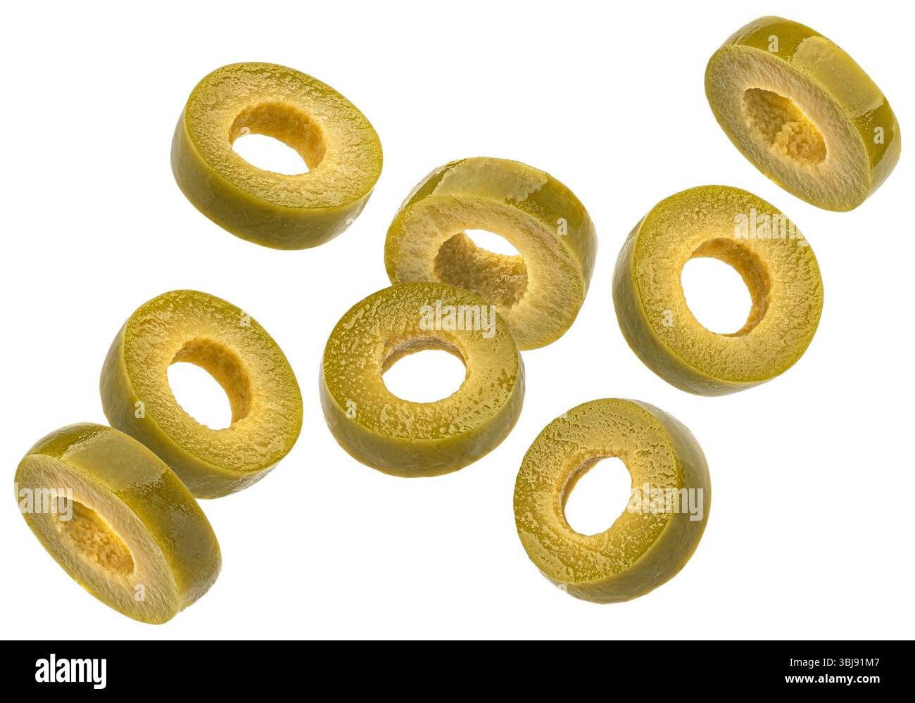 Green olive slices isolated on white background Stock Photo