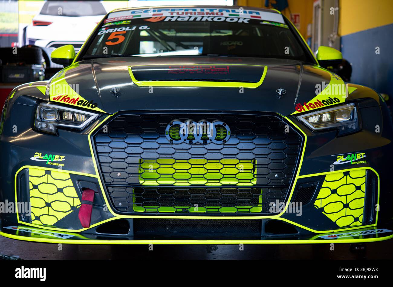 Racing car Audi RS3 front view ln circuit box. Vallelunga racing ...