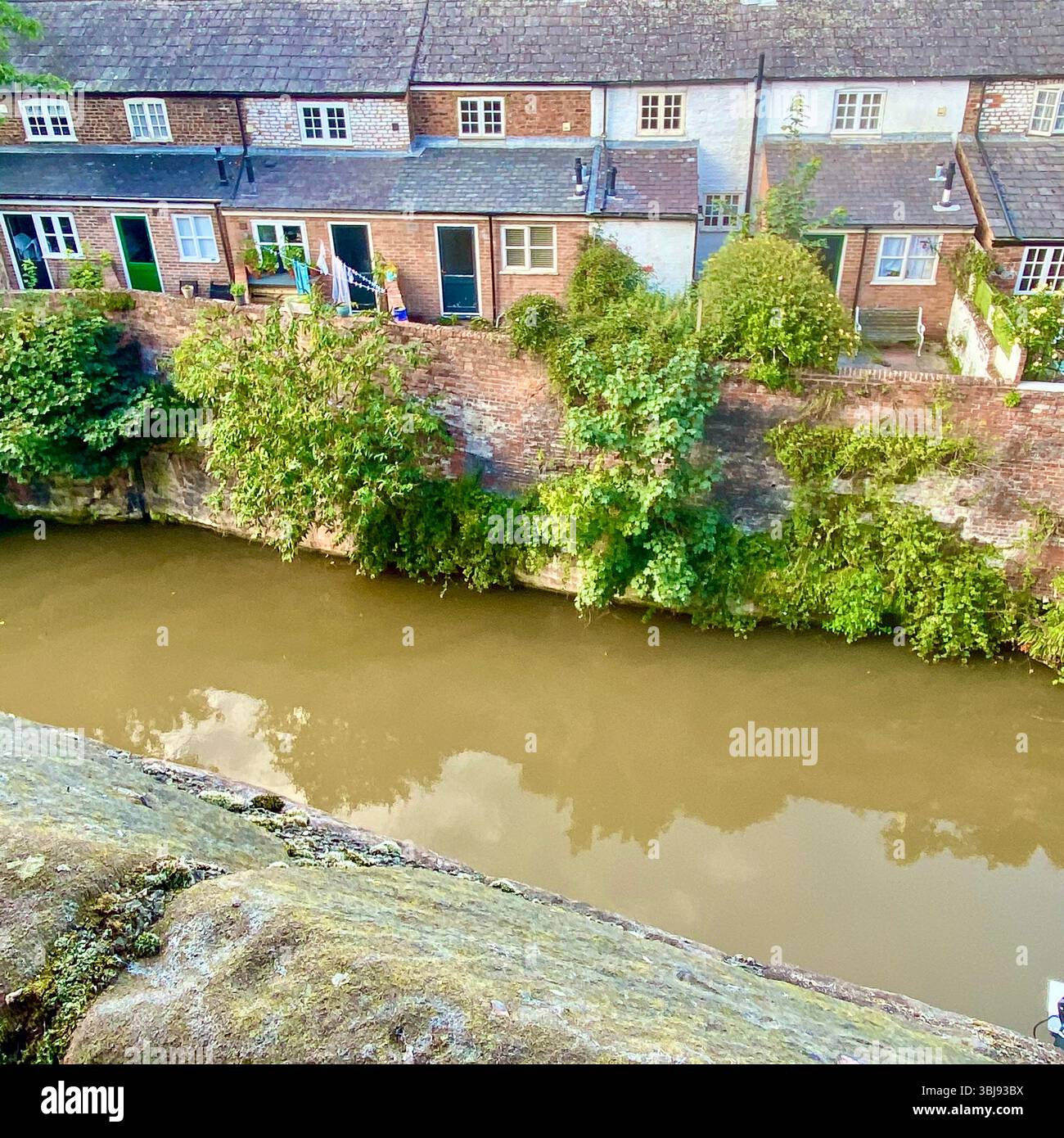 View from Chester City Walls over canal, foliage-covered courtyard walls, and terraced houses, Cheshire, UK Stock Photo