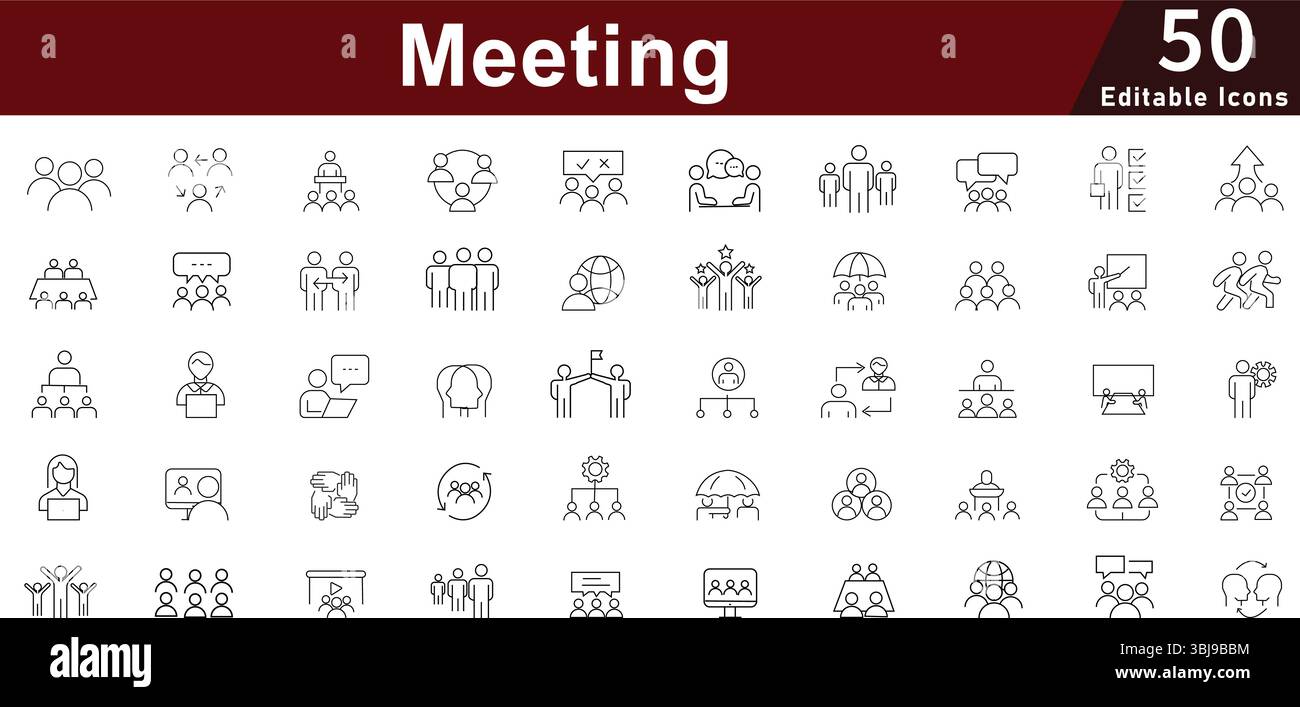 Business Meeting and Teamwork Line Icons: Collaboration, Discussion and ...