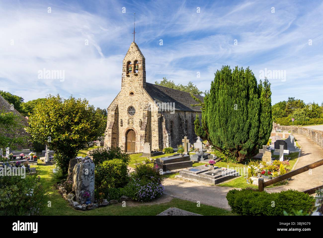 Church of Omonville la Petite, cemetery where Jacques Prévert is buried, France, Cotentin Stock Photo