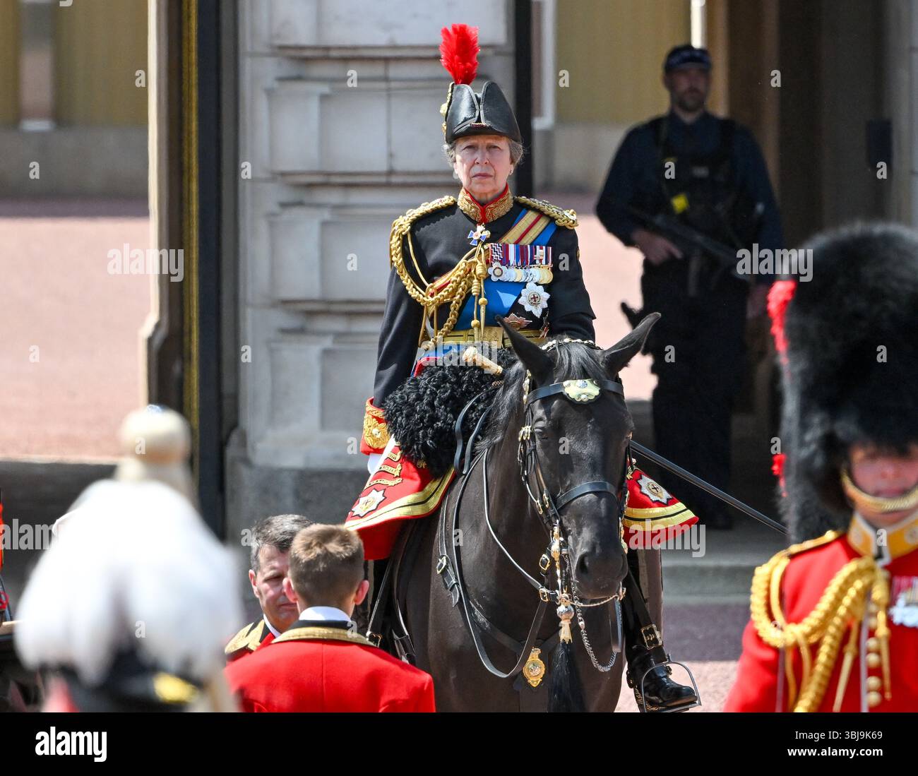 London, UK. 14th June, 2025. Princess Anne watches on as King Charles III takes the Salute during the King's Birthday Parade, Trooping The Colour Buckingham Palace, London, UK. Credit: LFP/Alamy Live News Stock Photo