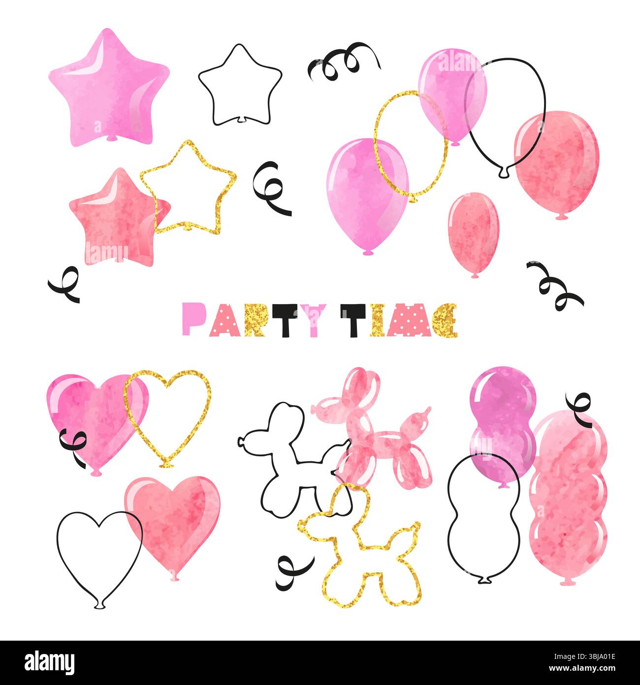 Party balloons vector illustration. Watercolor pink balloon set. Vector ...
